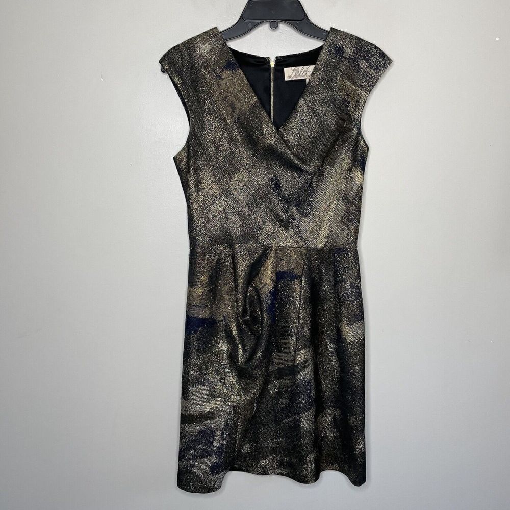 LELA ROSE Dress Womens 6 Olive Green Gold Metallic Knee Length Silk-Lined Sheath